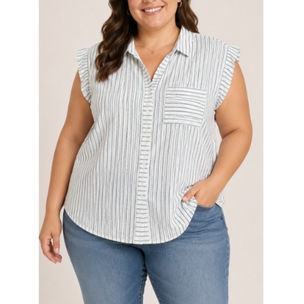 Thread & Supply Women's White Green Striped Short Sleeves Collared Shirt Size 2X